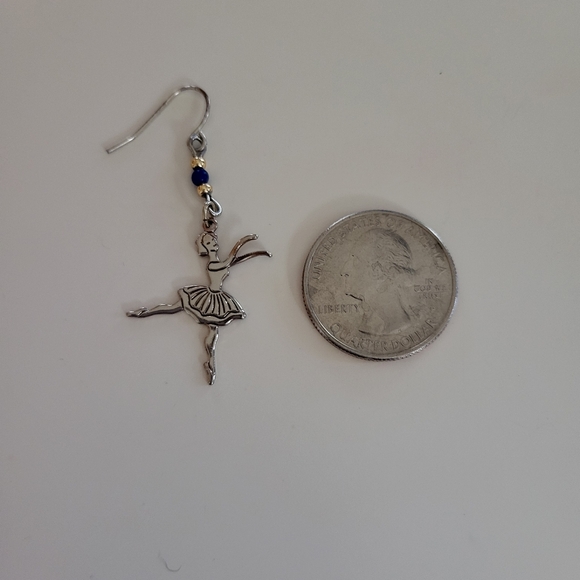 3/$15 Vintage Ballerina Drop Fishhook Earrings Gold-tone Metal with Blue Beads - Picture 2 of 3